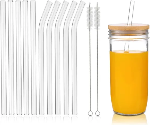 Miniatura 11 de 10 popotes Boba de vidrio reutilizables, 0.354 x 0.551 in de ancho, para té de burbujas, batidos, juego de 5 rectas y 5 dobladas con 2 cepillos
