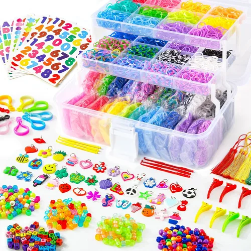INSCRAFT 17500+ bandas de telar de goma con contenedor transparente de 3 capas, 28 colores, 600 clips en forma de S, 352 cuentas, 40 dijes de