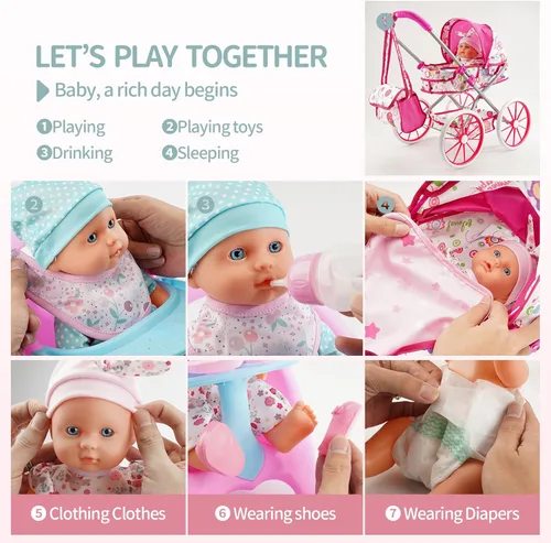 Miniatura 3 de Juego de Juguetes de Cochecito para Muñeca de Bebé con Muñeca de Bebé de 13'', Cama de Muñeca, Silla de Comedor, 26 Piezas de Accesorios para Muñeca