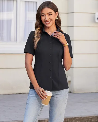 Miniatura 4 de Siliteelon Camisetas de Botón para Mujer, Ajustadas, de Manga Corta, Elásticas, Camisa de Vestir, Sin Arrugas, Sólida, Blusa de Trabajo