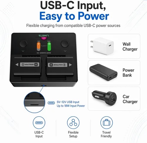 Miniatura 4 de Cargador de batería de cámara 3 en 1 para Sony NP-FZ100 NP-FW50 NP-BX1, cargador rápido LCD de doble ranura USB-C compatible con baterías de cámara