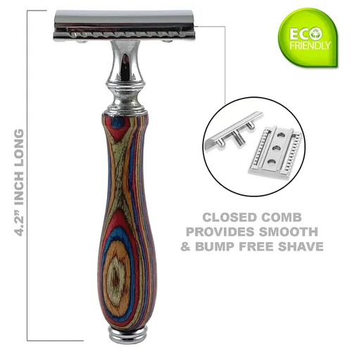 Miniatura 3 de Maquinilla de afeitar de seguridad con mango de madera larga para hombres y mujeres, maquinilla de afeitar manual de doble filo, se adapta a todas
