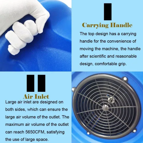 Miniatura 5 de INTBUYING Ventilador de aire de 3 velocidades secador de alfombras 1.2 HP resistente, potente flujo máximo 5700 CFM, ventilador de piso azul 110 V