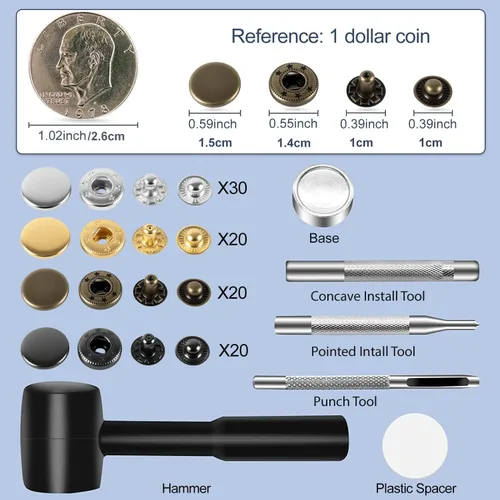 Miniatura 4 de Alritz Kits de botones a presión de cuero de 0.591 in con espaciador de martillo, 90 juegos de broches de presión de metal con 4 herramientas