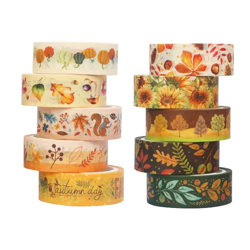 Juego de 10 rollos de cinta washi de otoño, hojas de otoño, calabaza, girasol, cinta decorativa para diario de viñetas, planificador, manualidades