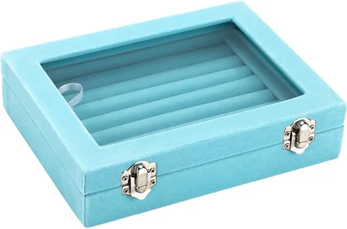 Miniatura 3 de GSLSTGS Caja de almacenamiento de joyería de cristal de terciopelo para anillos aretes caja de joyería estuche para anillos 2 cierres azul claro