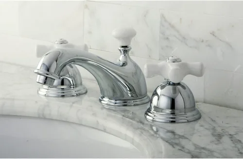 Miniatura 8 de Kingston Brass KS3961PX Restoration Grifo de lavabo generalizado con mango cruzado de porcelana, cromo pulido, centro ajustable de 8 pulgadas