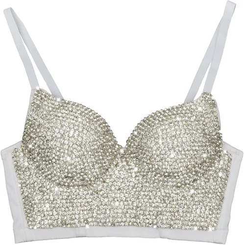 ELLACCI Sujetador sexy estilo corsé punk para mujer, hecho a mano, con diamantes de imitación, color blanco, Blanco