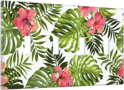 Miniatura 55 de Cubierta de placa de pared con palmera verde de planta tropical, cubierta de interruptor de luz de 1 cuadrilla, hojas de plátano, flores rosas