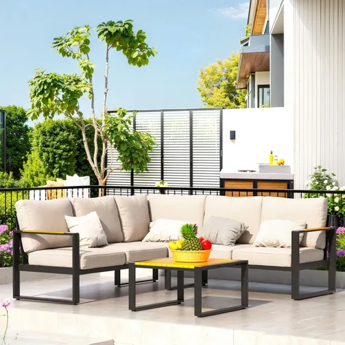 Miniatura 8 de Juego de muebles de aluminio para patio, sofá modular para todo tipo de clima, juegos de conversación de patio en forma de L, sofá esquinero