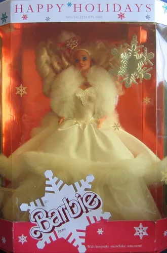 Happy Holidays Barbie Doll Edición Especial 1989 w Adorno de copo de nieve de recuerdo (1989 Mattel Hawthorne)