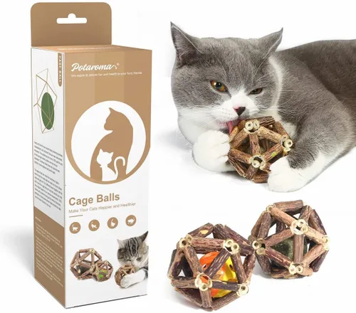 Potaroma Juguetes de hierba gatera, 3 piezas de juguetes para gatos, bolas de jaula de pino plateado natural y bola de campana para gatos de