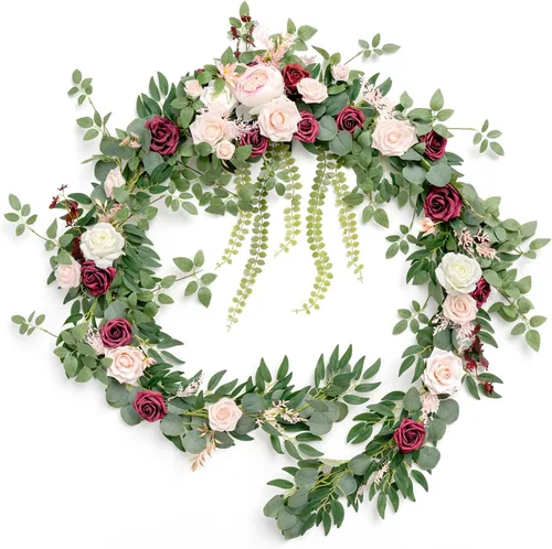 Miniatura 13 de Ling's moment Guirnalda de eucalipto y hojas de sauce de 9 pies con flor blanca, artesanal, centros de mesa para mesa de novios, decoración de mesa
