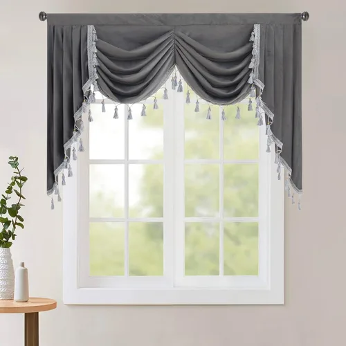 Miniatura 36 de StangH Cortinas decorativas de lujo, cenefa azul con bloqueo de luz, cenefa festoneada para ventana pequeña con bolsillo sólido para barra, cortina