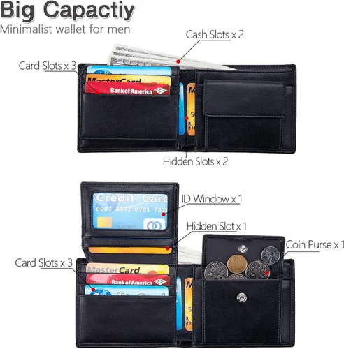 Miniatura 7 de OFAMOUS Cartera de cuero para hombre con bolsillo para monedas ventana de identificación abatible bloqueo RFID billetera delgada con bolsillo