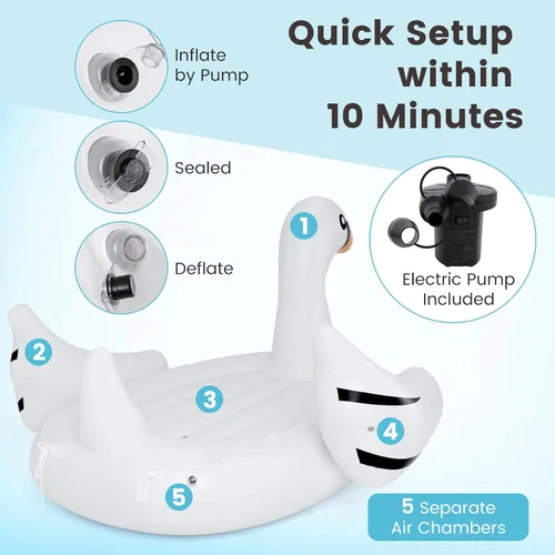 Miniatura 4 de Goplus Isla flotante de cisne inflable gigante, flotador de piscina para 4 personas con 4 soportes para tazas, muelle flotante recreativo para lago