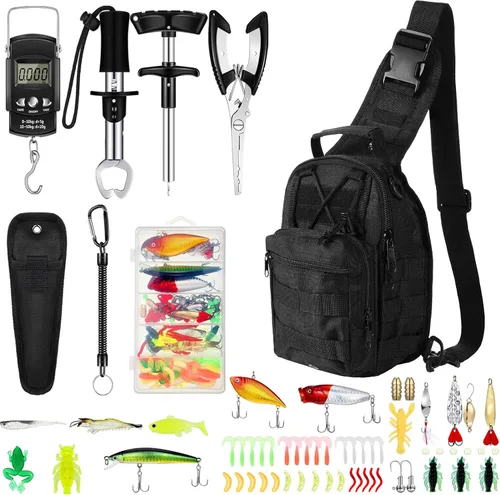 Miniatura 11 de Sosation 134 Piezas Herramienta de Pesca Herramienta de Pesca y Equipo Regalo para Adultos, Removedor de Anzuelos, Kit de Alicates, Mochila Caqui