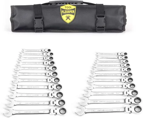 FLZOSPER Juego de 22 llaves de trinquete de cabeza flexible, llave combinada métrica y SAE de acero al cromo vanadio con bolsa de transporte portátil