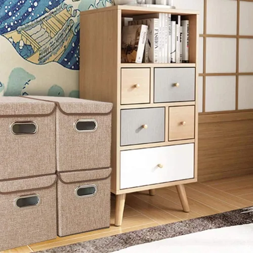 Miniatura 3 de Juego de 4 contenedores plegables de tela de lino con tapa, cajas organizadoras plegables, 10 x 10 x 10 pulgadas (beige)