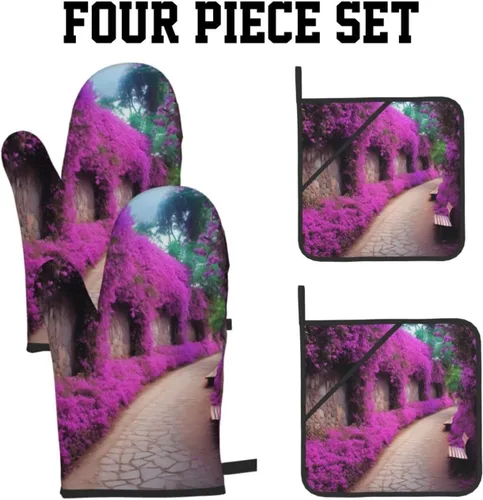 Miniatura 4 de Juego de guantes de horno y soportes para ollas con estampado floral morado, guantes de horno resistentes al calor y almohadillas calientes