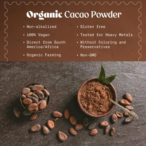 Miniatura 3 de NaturaleBio Cacao en polvo orgánico de 35 onzas. Sin azúcar, no alcalinizado y puro. Sustituto de cacao en polvo con rico sabor a chocolate negro.