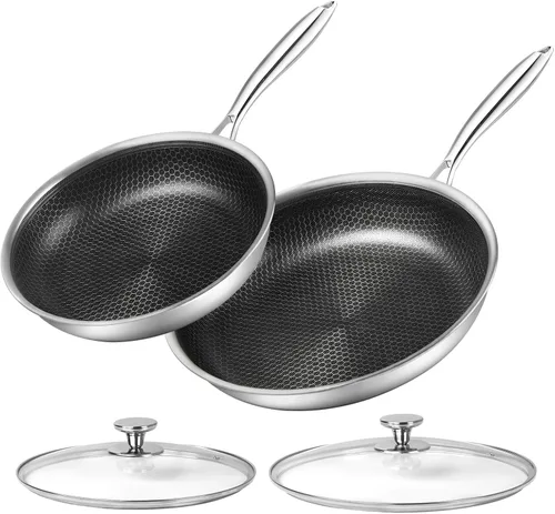Innerwell Juego de Sartenes de Acero Inoxidable con Tapa de 10" y 12" Revestimientos Antiadherentes de Panal Juego de Sartenes 2 piezas con Mango