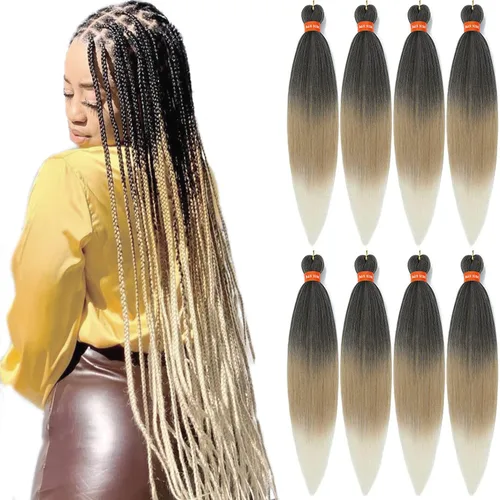 Miniatura 71 de Cabello trenzado preestirado ombré, extensiones de cabello trenzado sedoso, sin picazón, trenzas de cabello trenzado de ganchillo con textura Yaki