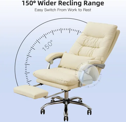 Miniatura 6 de Silla de oficina con reposapiés, respaldo alto 155° reclinable, silla de computadora de escritorio de oficina de cuero, silla giratoria de Beige