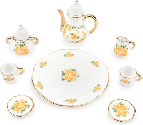 Miniatura 2 de Cutemini - Juego de tazas de té en miniatura de porcelana a escala 1:6, 8 piezas, con diseño de flores, tetera, plato y bandeja, suministros
