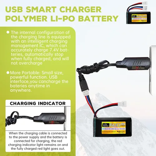 Miniatura 4 de sea jump Batería Lipo de 7.4V 600mAh 35C 2S con enchufe Molex y cargador USB adecuado para FMS FCX24 RC coches, camiones, vehículos eléctricos