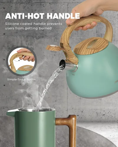 Miniatura 2 de POLIVIAR Hervidor de té, 2.7 cuartos de galón con acabado azul y mango de madera con silbato fuerte, tetera de acero inoxidable de grado