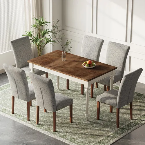 Miniatura 36 de Juego de 2 sillas de comedor de granja, respaldo alto con patas de madera y ribete de cabeza de clavo, silla de comedor de tela moderna