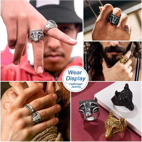 Miniatura 6 de FaithHeart Norse Viking Jewelry - Anillo de acero inoxidable de guerrero para hombre con diseño vikingo de cabeza de lobomartillo de Thor
