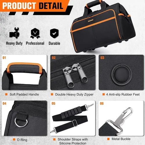 Miniatura 4 de Bolsa de Herramientas Resistente de 17.3 Pulgadas, Bolsas de Herramientas Grandes de 26 Bolsillos para Hombres y Mujeres con Correa de Hombro