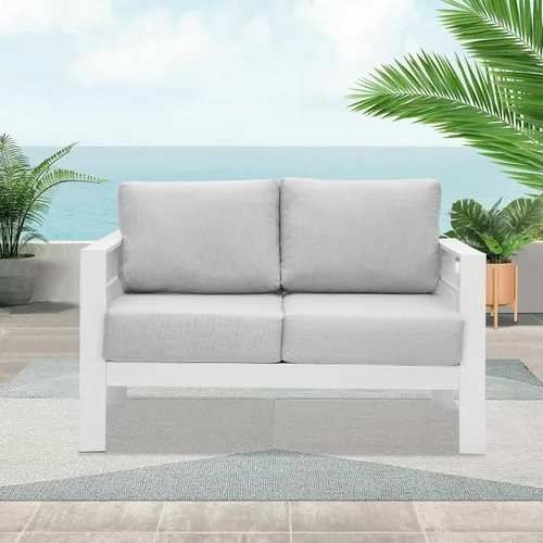 Miniatura 7 de Wisteria Lane - Juego de muebles de patio de aluminio, sofá seccional para todo tipo de clima de 2 plazas, silla de metal blanco con cojines gris