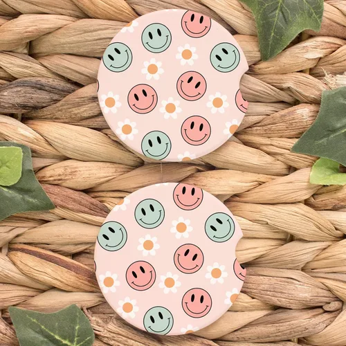 2 posavasos de cerámica para automóvil con caras coloridas y margaritas, accesorios estéticos retro de color rosa, bonitos posavasos para mujeres y