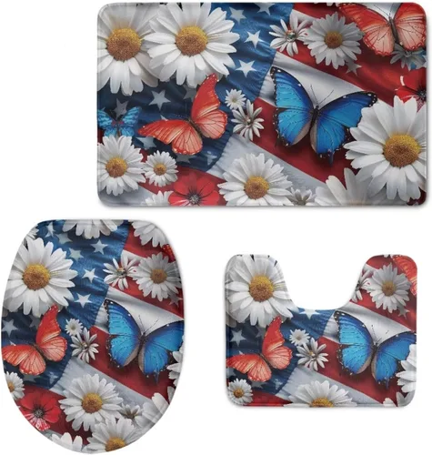 HUGS IDEA Alfombra de baño, alfombra de baño, alfombra de baño, diseño de bandera estadounidense, mariposa, floral, juego de tapetes de baño para