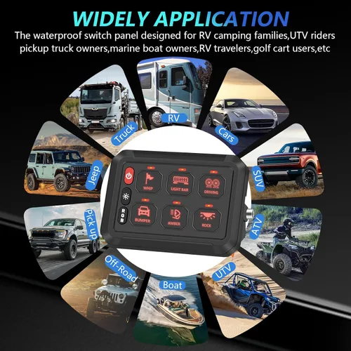 Miniatura 7 de Chelhead Panel de interruptor Bluetooth de 6 bandas, panel de interruptor de barco con disyuntor IP 65, impermeable, estroboscópico de flash