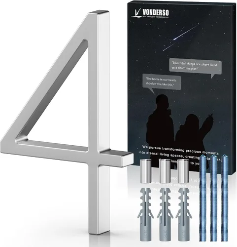 VONDERSO Números de Casa Flotantes de 5 Pulgadas y Letras para Exterior, Letrero Moderno de Metal Plateado para Dirección al Aire Libre para Patio,