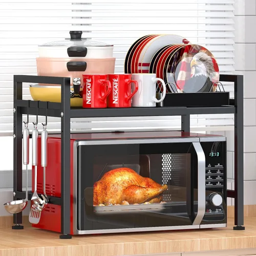 Miniatura 10 de PUSDON Estante para horno microondas negro texturizado, organizador de encimera de cocina expandible de 2 niveles, soporte de acero al carbono