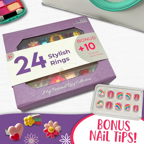 Miniatura 6 de Anillos de joyería para niños, 24 anillos ajustables de simulación, joyería de juego en caja de regalo morada, único, gran regalo de cumpleaños