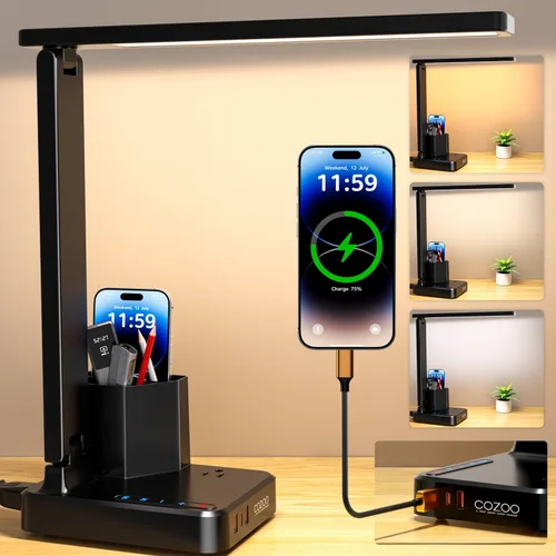 Lámpara de escritorio LED COZOO con 3 puertos de carga USB, 1 tomacorriente de CA, 2 portaplumas, 3 temperaturas de color, 3 niveles de brillo, Negro