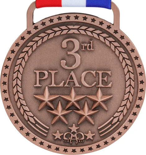 Miniatura 2 de Medallas de bronce dorado y plateado para premios de trofeo del 1er 2º y 3er lugar, acabado brillante o antiguo con cinta de satén roja, blanca