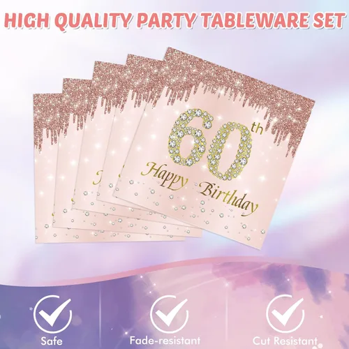 Miniatura 5 de 41 piezas de decoración de cumpleaños número 60 para mujeres, oro rosa, suministros de cumpleaños de sesenta años, platos, servilletas, mantel, 60