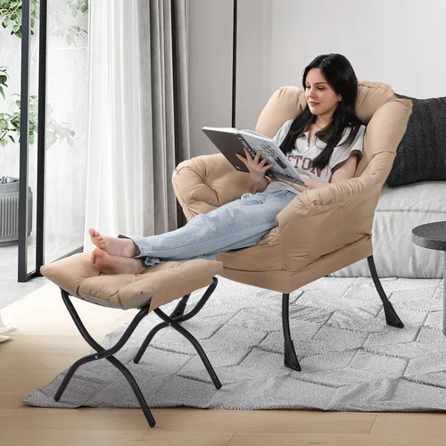 Miniatura 2 de Athena Collection Silla perezosa con otomana, sofá de salón, silla tapizada con reposapiés plegable, silla de lectura con bolsillo lateral y Beige