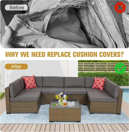 Miniatura 4 de 7 fundas de repuesto para sofá de mimbre para patio al aire libre, lavables, fundas de repuesto para asiento y respaldo, gris oscuro