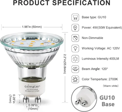 Miniatura 7 de comzler Bombilla LED GU10, 2700 K blanco cálido suave, equivalente a halógeno de 50 W, repuesto de iluminación de riel empotrado, 120 V, 4 W, 400
