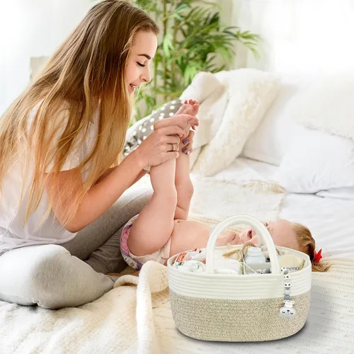 Miniatura 18 de Organizador de pañales para bebé con cuerda de algodón para niña o niño, cesta de almacenamiento portátil para guardería, bolsa de transporte