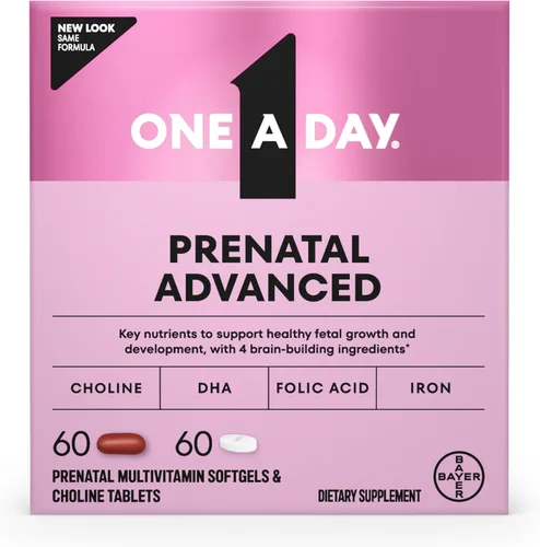 One A Day Multivitamínico completo prenatal avanzado para mujer con soporte cerebral* con colina, ácido fólico, omega-3 DHA y hierro para pre,