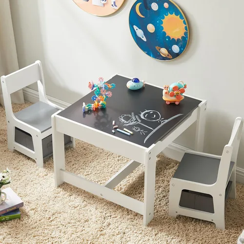 GTOLV Juego de mesa y silla para niños, mesa de actividades de madera 3 en 1 con cajón de almacenamiento para niños pequeños, dibujo, lectura, Gris
